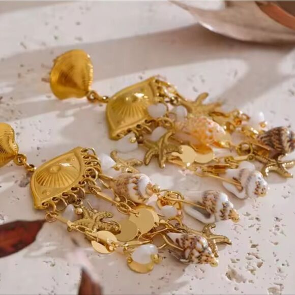 New ANTHRO Evil Eye Seashell Fringe Dangle Earrings - Picture 5 of 9